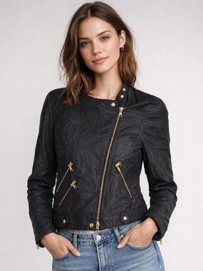 Club Monaco Black Moto Jacket Asymmetrical Zip Gold Hardware Size Small